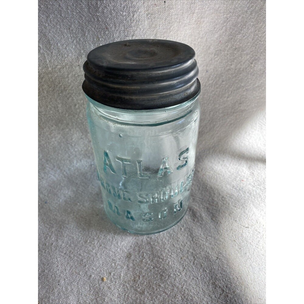 #7 Vintage -Atlas- Strong Shoulder Mason Aqua PINT Fruit Canning Jar Zinc Lid